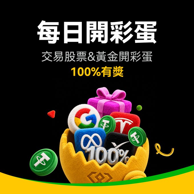 A promotional advertisement with Chinese text reading '每日開彩蛋' (Daily Lucky Egg), '交易股票&黃金開彩蛋' (Trade Stocks & Gold Lucky Egg), and '100%有獎' (100% Reward Guaranteed), featuring a golden egg filled with company logos including Google, Tesla, and Meta along with green Tether coins.