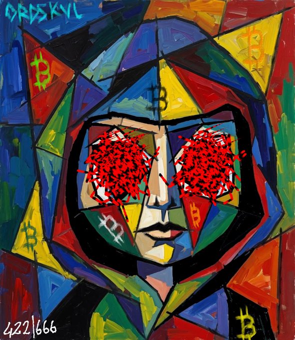 A colorful, cubist-style painting featuring a face whose eyes are obscured by chaotic red scribbles, with Bitcoin 'B' symbols scattered across the background.