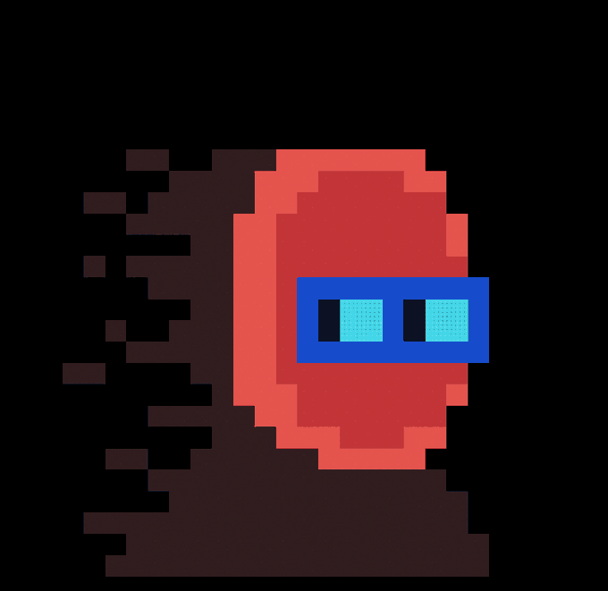 A pixel art character with a red hooded body and blue sunglasses stands against a black background, with dark smoke-like wisps emanating from its left side.