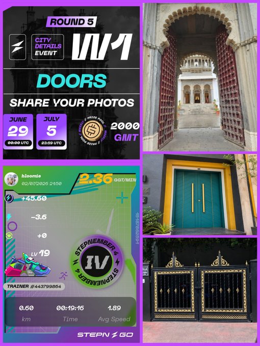 A promotional collage for a Stepn city details event featuring 'Doors' photography contest, showing participant bloome's 2.36 GGT/MIN stepmesser IV badge alongside photos of various architectural doors.