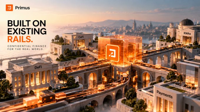 A digital promotional graphic for 'Primus' with the headline 'BUILT ON EXISTING RAILS. CONFIDENTIAL FINANCE FOR THE REAL WORLD.', depicting a stylized glowing cityscape with buildings labeled DeFi, CeFi, RWAs, and Payments.