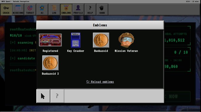 A screenshot of a hacking-themed video game interface titled 'NITE Team 4 - Defcon: Encryption', showing an 'Emblems' pop-up window with badges including 'Registered', 'Key Cracker', 'Buckazoid', 'Mission Veteran', and 'Buckazoid 2'.