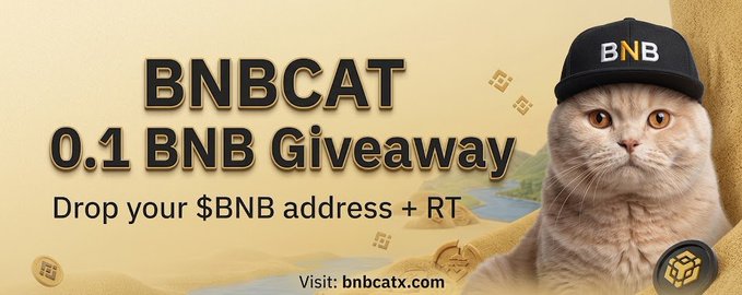 A promotional banner for a BNBCAT 0.1 BNB giveaway featuring a Scottish Fold cat wearing a black "BNB" cap, instructing participants to drop their BNB address and retweet, with a callout to visit bnbcatx.com for the presale.