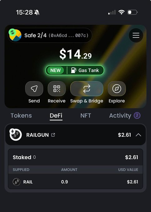 A smartphone screenshot of a crypto wallet app called 'Safe' shows a balance of $14.29 with a DeFi tab displaying RAILGUN staked at a USD value of $2.61.