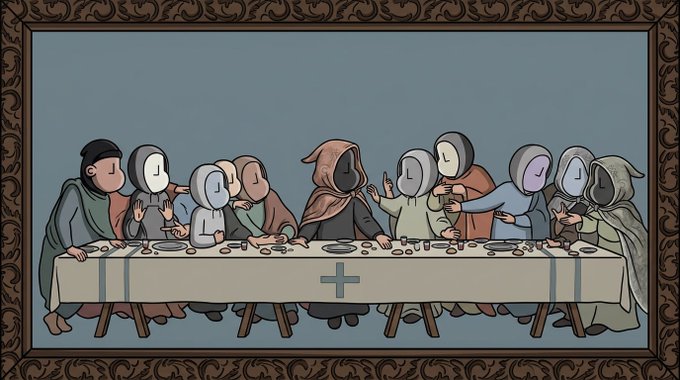 A stylized illustration recreating The Last Supper with hooded figures around a table with a cross symbol, framed in an ornate border.