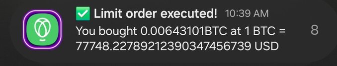 A Robinhood notification at 10:39 AM confirms a limit order executed, purchasing 0.00643101 BTC at 1 BTC = 77,748.22789 USD. The notification illustrates the post's point about using limit orders to buy Bitcoin on a recent dip, as the user mentions the purchase is already up a few hundred.
