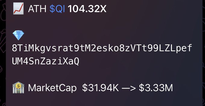 Crypto metrics display showing ATH $QI at 104.32X, a wallet address starting with '8TMkgvsrat9tM2esko8zVTt99LZLpefUM4SnZaziXaQ', and MarketCap growth from $31.94K to $3.33M.
