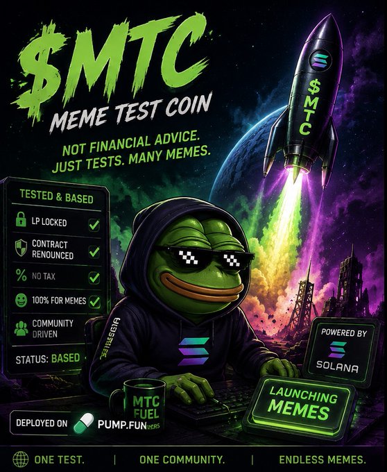 An advertisement for '$MTC MEME TEST COIN' featuring a Pepe the Frog character with pixel sunglasses working on a keyboard, launching on a Solana-powered rocket. Text reads 'NOT FINANCIAL ADVICE. JUST TESTS. MANY MEMES.'