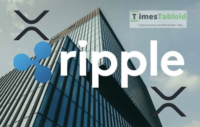 A skyscraper with overlaid logos for XRP and Ripple, featuring a 'TimesTabloid' watermark reading 'Cryptocurrency and Blockchain Tabs...' in the upper right corner.
