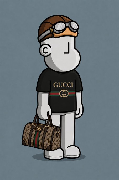 An illustration of a character wearing a brown aviator cap with goggles and a black t-shirt with 'GUCCI' written on it, holding a matching Gucci duffle bag.