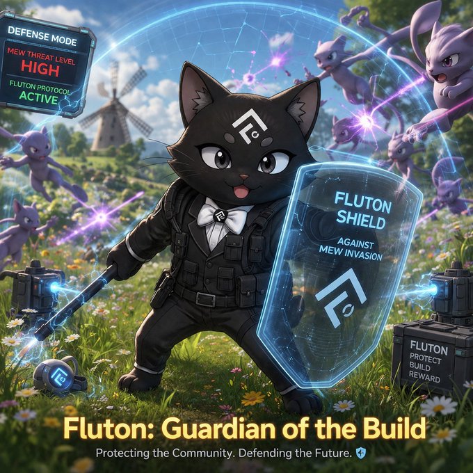 A cartoon-style promotional image titled "Fluton: Guardian of the Build" featuring a black cat in tactical gear holding a "FLUTON SHIELD" to protect against a "MEW THREAT LEVEL HIGH."