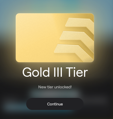 A notification screen displays a gold-colored badge with "Gold III Tier" and "New tier unlocked!" text above a "Continue" button, celebrating a tier advancement on AbstractChain.

The image relates to the post as a milestone celebration, showing the user has just unlocked Gold III Tier while working toward their ultimate goal of Platinum Tier on AbstractChain.