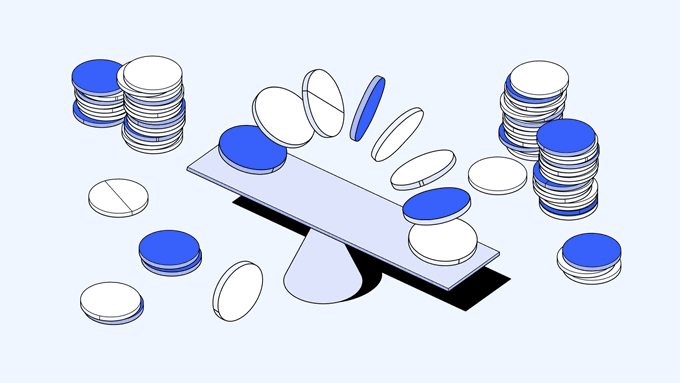 A simple 2D animation-style illustration of a gray balance scale weighing blue and white pills, with stacks of pills on either side and a bottle on the left.