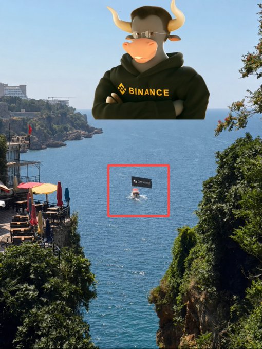 A composite image featuring a cartoon bull wearing sunglasses and a black 'BINANCE' hoodie overlaid on a coastal seascape, with a small red-boxed boat in the water below.