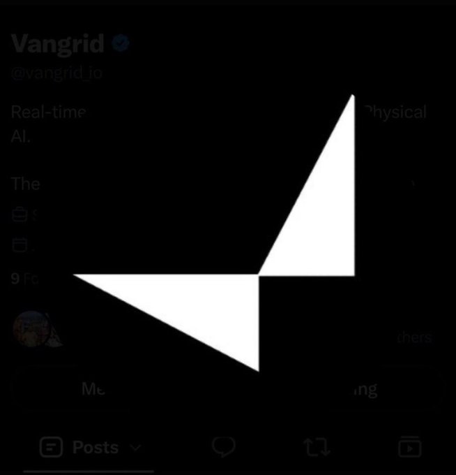 A Vangrid (@vangrid_io) social media post featuring a white geometric star/arrow logo on a dark background, with partial words visible including 'Real-time AI' and 'physical'.