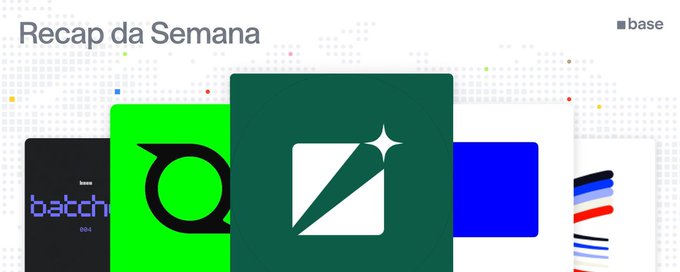 A banner reading 'Recap da Semana' featuring colorful cards including 'base batch 004', a green logo, a dark green card with a sparkle, a blue card, and a striped design.