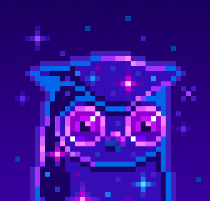 A pixel art bird character wearing pink glasses is rendered in purple and blue tones with sparkles scattered across the dark purple background, fitting the "Pixel birb" theme. The retro 8-bit style and NFT aesthetic match the post's announcement about bringing back the pixel bird profile picture.