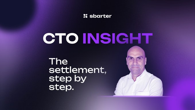 A promotional graphic titled 'CTO INSIGHT' by s!barter featuring a man in a white shirt and the text 'The settlement, step by step.' against a purple gradient background.