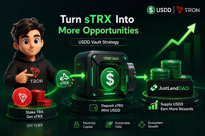 A promotional graphic for 'USDD | TRON' titled 'Turn sTRX Into More Opportunities', showing a cartoon mascot, a 'USDD Vault', and instructions to 'Stake TRX, Get sTRX', 'Deposit sTRX, Mint USDD', and 'Supply USDD, Earn More Rewards' via 'JustLendDAO'.