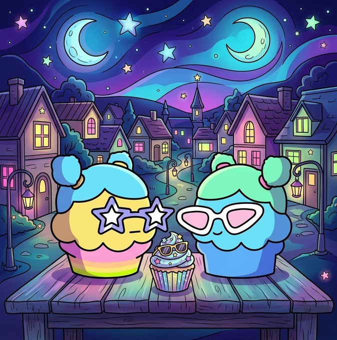 A cartoon illustration shows two anthropomorphic cupcakes wearing sunglasses sitting at a table with a smaller cupcake, set against a starry night village backdrop.