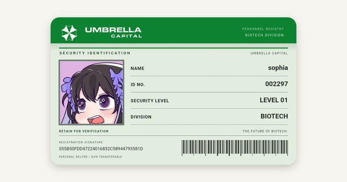 A green Umbrella Corporation security ID card from the Biotech Division featuring an anime-style character portrait, the name 'sophia', ID number 002297, and Level 01 clearance.