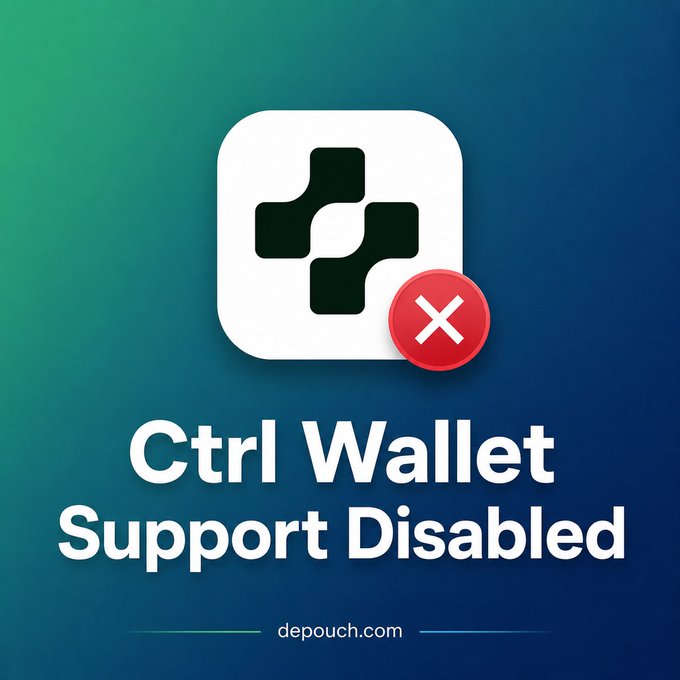 A graphic showing a white app icon with a black plus-shaped logo and a red 'X' badge, with text reading 'Ctrl Wallet Support Disabled' from depouch.com.