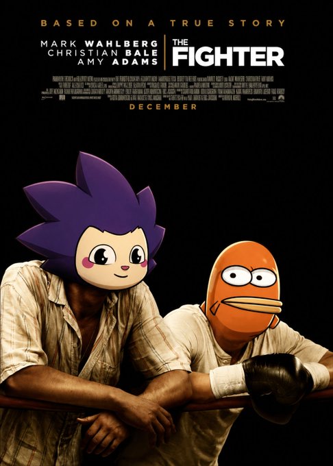 Meme edit of 'The Fighter' movie poster featuring two men wearing Sonic the Hedgehog and Dr. Eggman masks with boxing gloves, based on a true story starring Mark Wahlberg, Christian Bale, and Amy Adams.