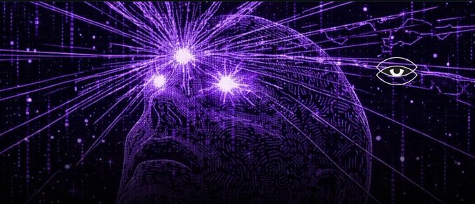 A purple digital art piece showing a wireframe head with glowing eyes radiating lines of light, featuring a small eye icon on the right.