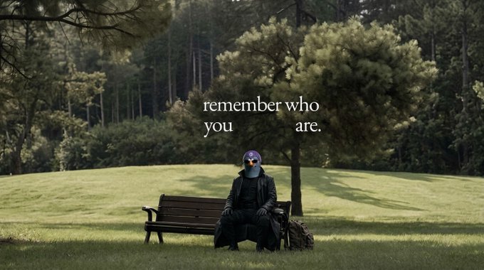A person wearing a purple mask sitting alone on a park bench in a grassy field with trees, with the text 'remember who you are.' overlaid on the image.