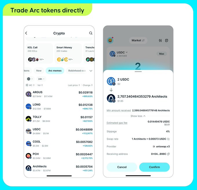A promotional screenshot showing a crypto trading app with the text 'Trade Arc tokens directly', displaying a token list including ARGUS, LONG, TOLLY, USDC, COOL, PCH, and Architects, along with a swap confirmation of 2 USDC to Architects via Uniswap v3.