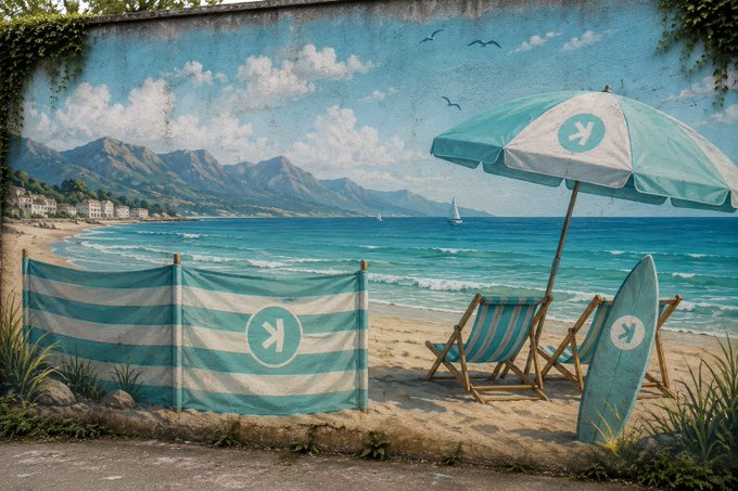 A beach-themed mural depicting a coastline with mountains, decorated with a teal and white striped umbrella, chairs, windbreak, and surfboard, each branded with a 'K' logo.