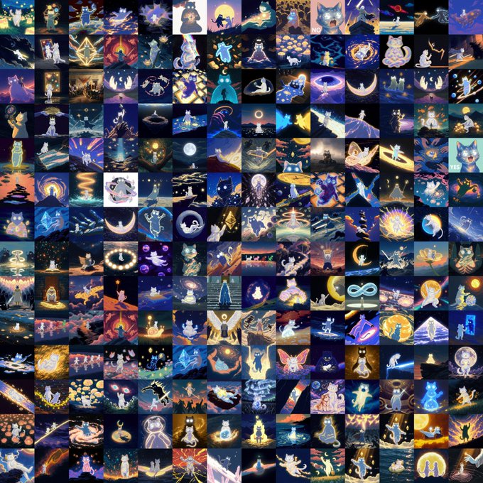A mosaic grid of numerous small fantasy illustrations featuring figures, moons, animals, and celestial scenes in blue and gold tones.