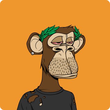 A bored-looking cartoon ape character wearing a laurel wreath and a ripped dark shirt against a solid orange background, resembling a Bored Ape NFT.