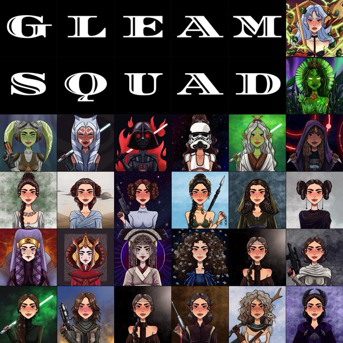 A grid displaying the text 'GLEAM SQUAD' alongside various Star Wars-themed female character portraits, including Jedi, Sith, and other iconic figures.