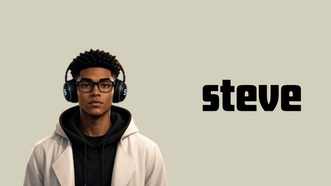 A digital rendering of a young Black man with glasses, a black hoodie, and a white lab coat wears Beats headphones next to the bold black text "steve".