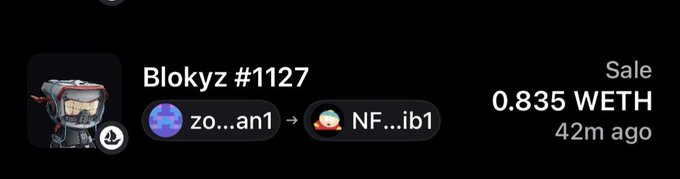 The image shows an NFT sale notification for "Blokyz #1127," where a token (zo...an1) was sold for 0.835 WETH (approximately $835) to buyer NF...ib1 just 42 minutes ago. This relates to the post about offering to be "exit liquidity" for others wanting to sell their OriginalBlokyz NFTs, with this recent transaction serving as a current market reference for the collection's floor price.