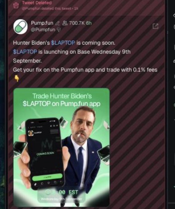 A Pump.fun tweet announcement reveals plans to launch a $LAPTOP token on Base Wednesday, September 9th, with promotional imagery featuring Hunter Biden's likeness, though the tweet was later deleted as noted at the top of the image.