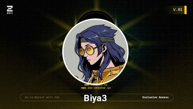 The image features a character with blue hair wearing glasses, possibly a anime or video game character, standing against a black background. The character has a name tag that reads "Biya3" and is described as having a unique appearance. A yellow circle surrounds the character's face, adding to their distinct look. The text in the image includes phrases such as "Congratulations", "Thanks @ZaxWeb3 Creator role", and "Many more to come".