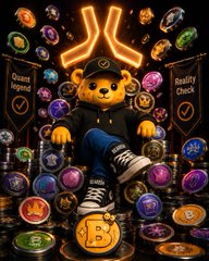 A stylized digital illustration featuring Kermit the Frog dressed in streetwear (cap, jacket, and sneakers), sitting cross-legged surrounded by numerous colorful circular icons, including Bitcoin (BTC) logos and 'Rugcheck' and 'Check' badges.