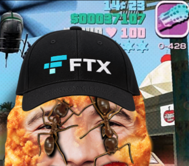 A surreal meme image showing a fried chicken nugget creature wearing a black FTX-branded baseball cap, with ants crawling on a fleshy face beneath the cap, set against a chaotic background with a score of 500037107 and 100 hearts.