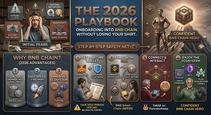 An infographic titled 'THE 2026 PLAYBOOK' detailing 'ONBOARDING INTO BNB CHAIN WITHOUT LOSING YOUR SHIRT,' featuring a four-step safety net for getting a secure wallet, funding with BNB on Binance Exchange, connecting and interacting via PancakeSwap, and enjoying the BNB Chain ecosystem.