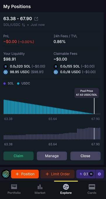 The image shows an image of a mobile phone screen displaying a cryptocurrency trading app that is used for trading cryptocurrencies like Bitcoin or Ethereum. The screen displays a chart showing the status of several transactions, including one where funds have been deposited into an account, with another bid ask position opened for $SOL and gaining fees. Another position has been claimed in the @MeteoraAG Accumulating market. A post on social media encourages investors to invest in Bitcoin or Ethereum using the trading app. The post also includes a link to explore cards for different cryptocurrencies and a description of a strategy for investing in cryptocurrency markets.