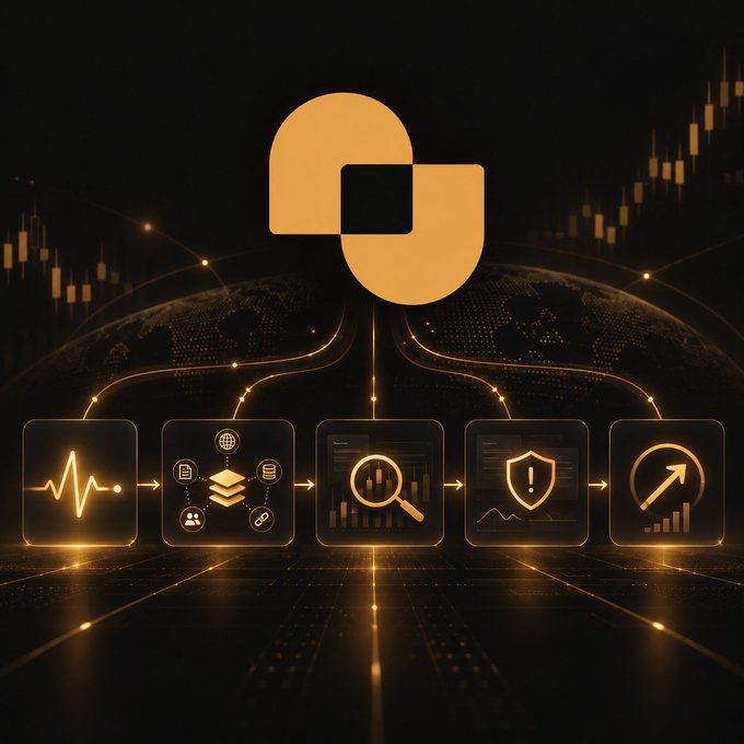 A dark-themed digital illustration featuring a glowing orange logo at the top, with icons below depicting data flow, analytics, security, and growth connected by pathways over a globe.