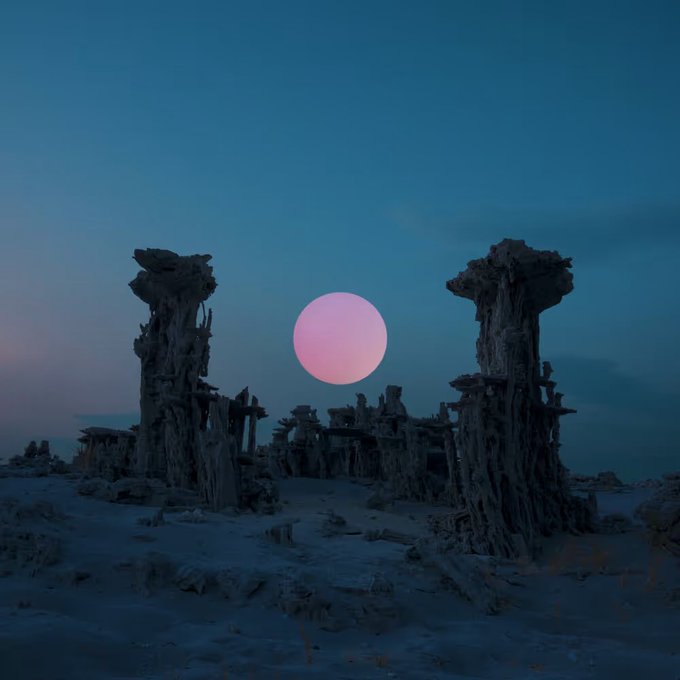 A pink moon sets over a barren, rocky landscape framed by weathered, pillar-like structures against a twilight blue sky, evoking the desolate, otherworldly atmosphere of the desert at dawn.