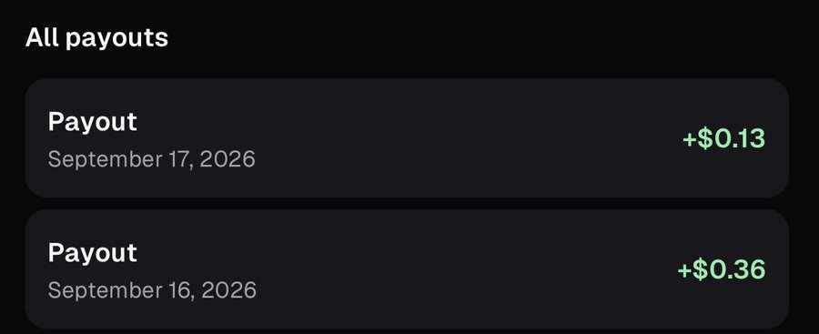 A payout history showing two transactions: '+ $0.13' on September 17, 2026, and '+ $0.36' on September 16, 2026.