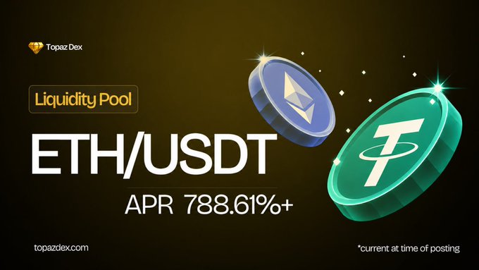 The image is a poster forETH/USDT pool with two coins, one green and one blue, falling from a black background, depicting an investment opportunity that appears to be related to cryptocurrency. The text above the coins reads "Ethereum / USDT pool" while the text below the coins says "Current time of posting: @BNBCHAIN Check out the eth/usdpt pool on Topaz DEX with APRs as high as 788%+ on @BNCBH". This poster is promoting an investment opportunity in the ETH/USDT pool, which has high APR rates and appears to be worth considering.