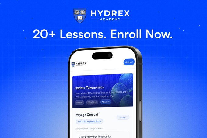 The image is a promotional graphic for Hydrex Academy, featuring the text "20+ Lessons. Enroll Now." above a smartphone displaying the Hydrex Academy app interface, which shows a lesson titled "Hydrex Tokenomics" with details about onHYDX, HYDX, SPR, PAF, and Analytics page.