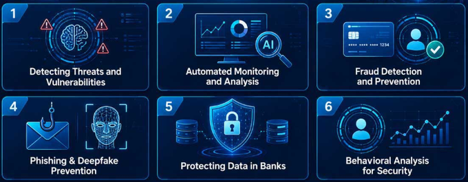 A blue-themed infographic showing six AI applications: Detecting Threats and Vulnerabilities, Automated Monitoring and Analysis, Fraud Detection and Prevention, Phishing & Deepfake Prevention, Protecting Data in Banks, and Behavioral Analysis for Security.