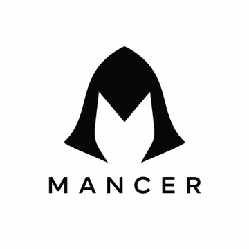 The image features the black Mancer logo—a hooded figure design—above the text "MANCER," serving as the official branding for the Chain Mancers NFT project referenced in the post.