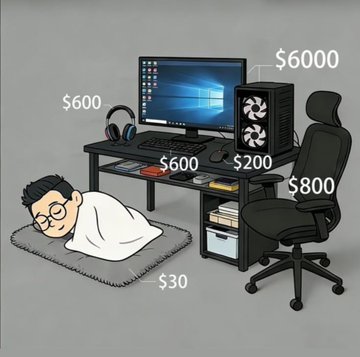 A humorous illustration showing a person lying on a $30 floor mat while surrounded by an expensive gaming setup with price tags: $600 headphones, $600 monitor, $600 keyboard, $200 PC, and an $800 chair.